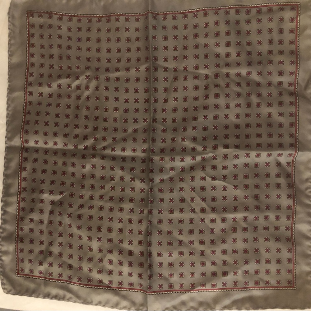 Grey Silk-Look Pocket Square with Red Geometric Print